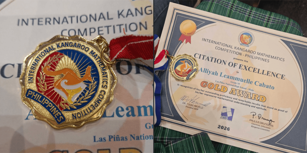 Las Piñas Band '91 Majorettes Alliyah Leamuelle Cabato Certificate and Gold Medal fro 2026 International Kangaroo Mathematics Competition - Philippines